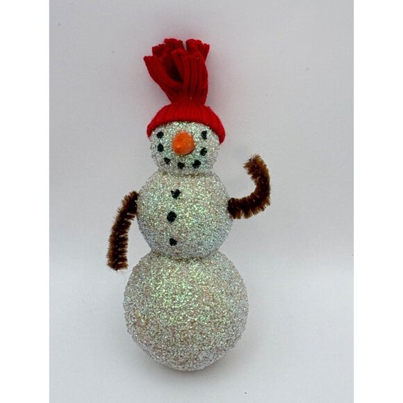 Vintage Glitter Snowman Christmas Tree Ornament Handmade with Red Hat - Picture 7 of 7